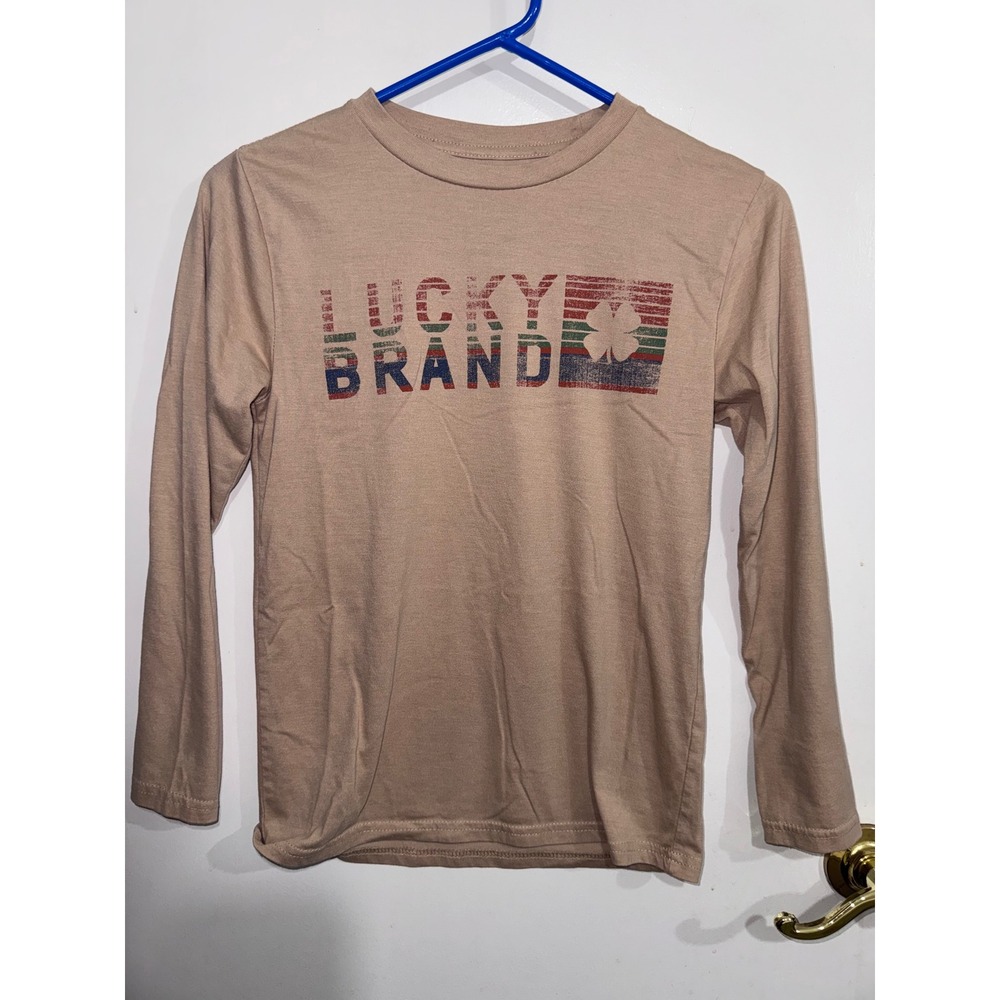Lucky Brand Boys Tan Long Sleeve Graphic T-Shirt Size M 10/12 Clover Logo